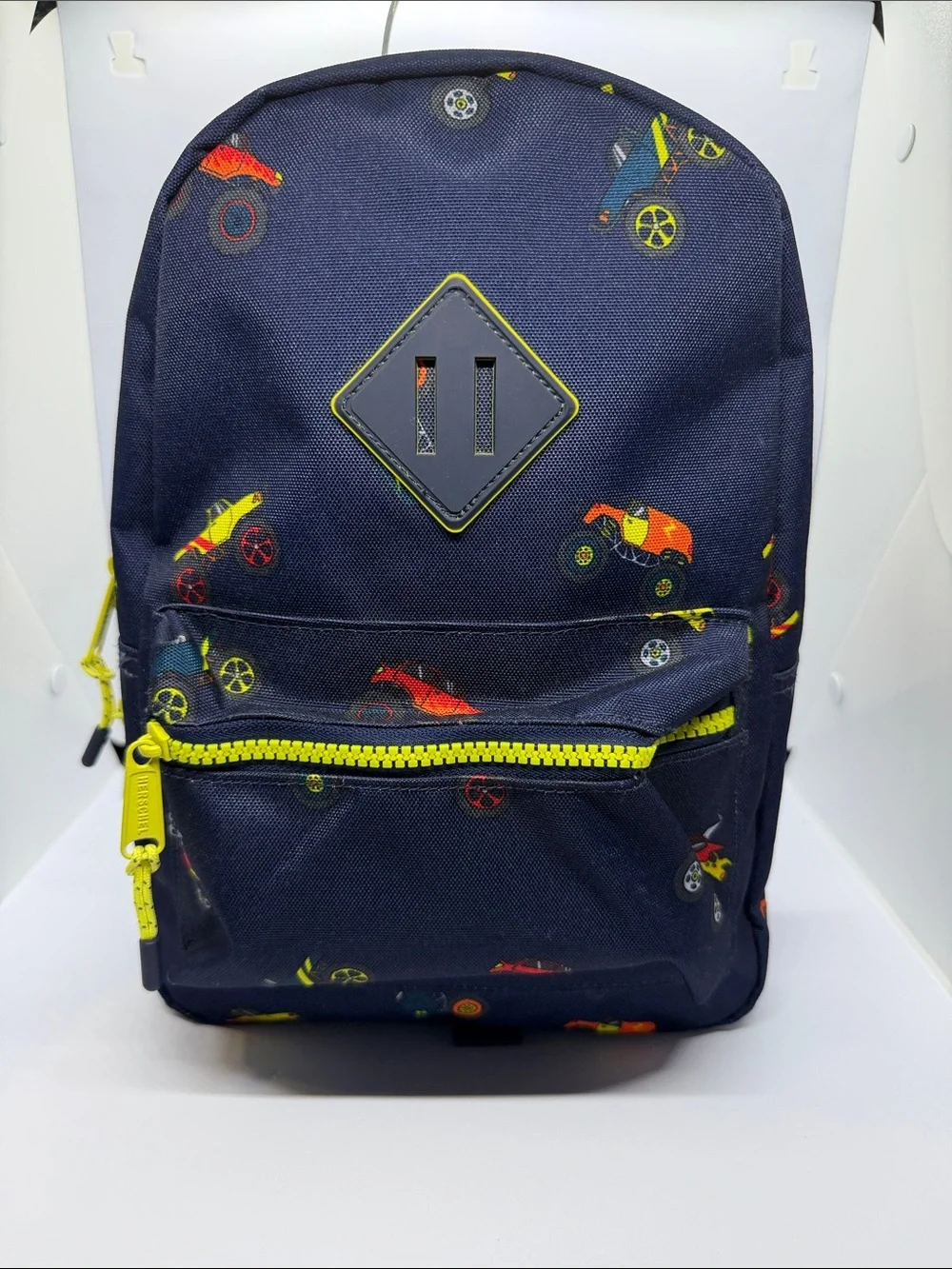 Navy Kids Backpack with Neon Yellow Accent and Racecar Print